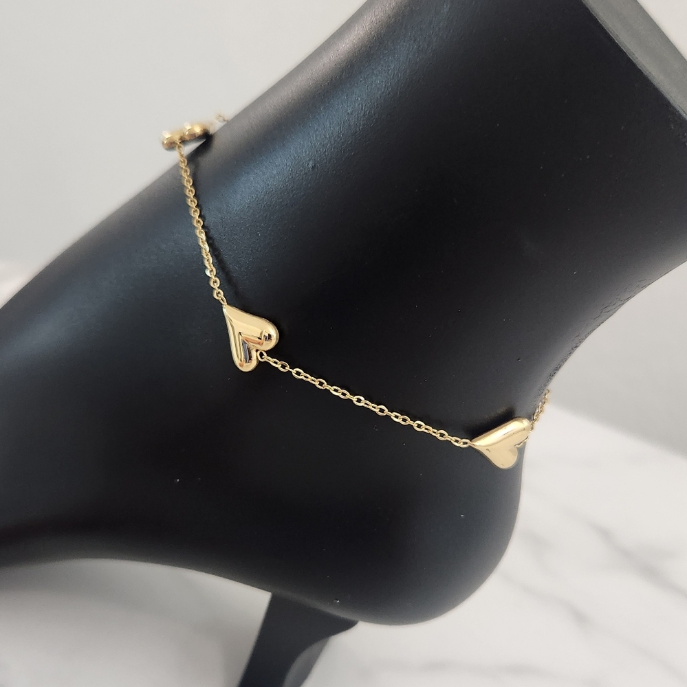 Gold Dainty Triple Heart Charm Ankle Bracelet Minimalist Adjustable Summer Vibe - Picture 5 of 12